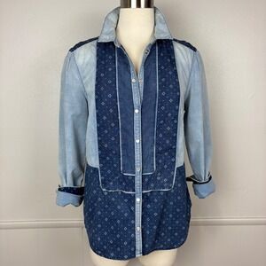 Anthropologie  Holding Horses Chambray Patchwork Snap Front Shirt Sz 8 Western